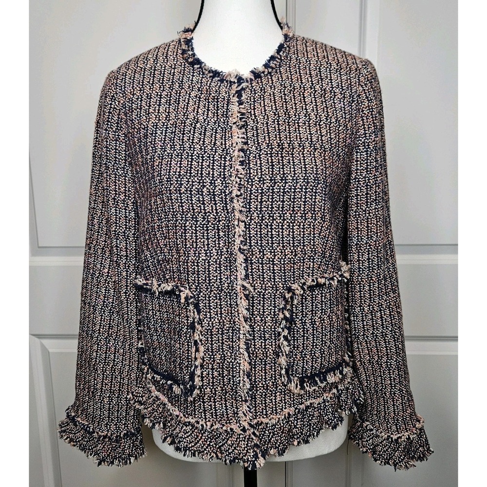 Rebecca Taylor Womens Tweed Blazer Size 6 Fringe Trim Pink & Navy Blue